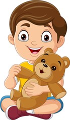 Canvas Print - Cartoon little boy playing teddy bear