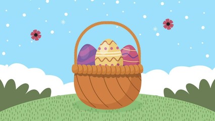 Poster - happy easter animation with eggs in basket