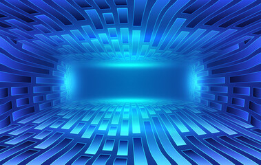 Poster - Blue ribbon-like polygons and lines extend vertically against a vector background of future technology space