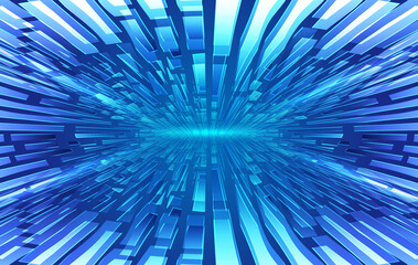 Poster - Blue ribbon-like polygons and lines extend vertically against a vector background of future technology space