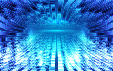 Poster - Blue ribbon-like polygons and lines extend vertically against a vector background of future technology space