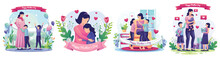 Set Of Mother's Day Concept With Children Celebrate Mother's Day With Their Mother At Home. Mother And Her Daughter Are Hugging. Flat Style Vector Illustration