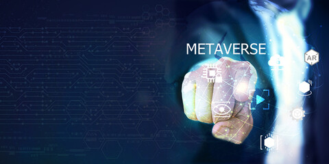 Poster - Double exposure of Metaverse, Metaverse, Metaverse Social networking, online gaming, augmented reality (AR), virtual reality (VR), and cryptocurrency are all examples of digital reality