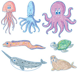 a paper with a doodle design of the different sea creatures with colour