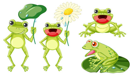 Wall Mural - Set of different cute green frog in cartoon style