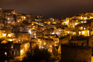 Beautiful city of Matera by night - a Unesco World Heritage site and cultural capital of Europe - travel photography