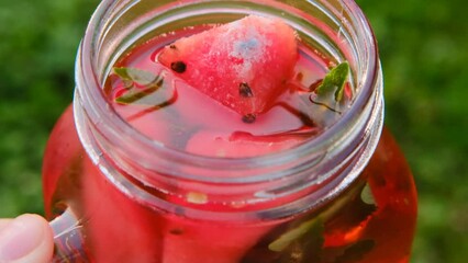 Wall Mural - Watermelon cocktail .Pieces of watermelon in mug with a cocktail.Red cocktail of watermelon, ice and stevia.Dietary drink with natural sweetener.Hand puts green stevia in jar with watermelon cocktail