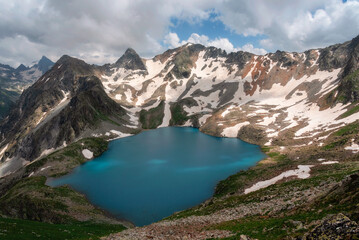 Poster - High-mountain lake in summer surrounded by mountain peaks, Dombai, Russia