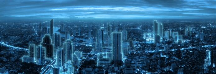 Wall Mural - Cyberpunk Cityscape with Cyan Neon lights, a night scene with tall buildings.