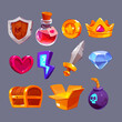 © klyaksun - Cartoon game icons knight shield, witch potion, golden coin and king crown, red heart, glowing flash, sword and diamond. Chest, open carton box and bomb with fuse and skull isolated ui vector elements