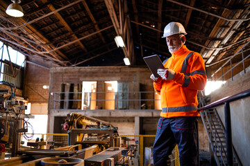 Wall Mural - Factory worker standing by production machines and checking manufacture results on tablet computer.