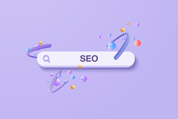 3D minimal search bar or magnifying glass in blank search bar on purple background. Search bar design element on web browser. 3d vector magnifier render for UI illustration in pastel background