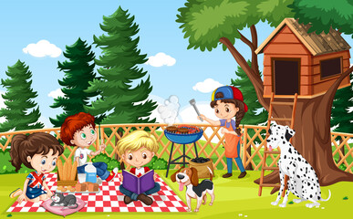 Sticker - Scene of backyard with kids and fence