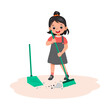 cute little girl sweeping the floor with broom and scoop at living room doing daily routine housework chores