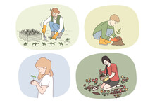 Set Of Diverse People Enjoy Gardening Plant Seed And Seedlings In Ground. Collection Of Men And Women Engaged In Hobby Activity Work With Greenery And Plants. Vector Illustration. 