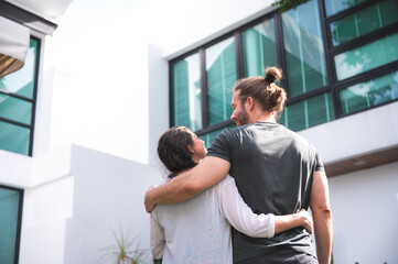 new home for buy and sale concept, caucasian couple seeing and check a new house for buy, lovely man and woman hugging together