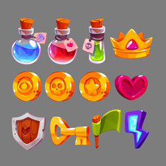 Poster - Game icons with potions, gold crown, heart, lightning, coins and key. Vector cartoon set of symbols for mobile game gui, flag, wooden shield and money isolated on gray background