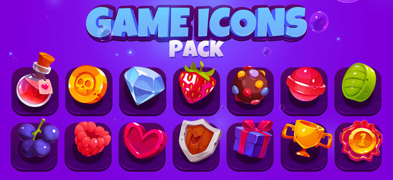 Game icons pack with potion, gold cup, heart, berries, candies and shield. Vector cartoon set of mobile game symbols, golden coin, strawberry, lollipop, gem and award badge