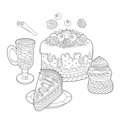 Wall Mural - Black and white dessert. Cakes, sweets and cup with coffee isolated on white background. Different pastry for coloring book and food design.