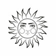 Bohemian illustration, stylized vintage design, sun with face and closed eyes, stylized drawing, tarot card.