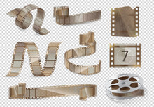 Cinema Movie And Photography 35 Mm Film Strip Template, Vector Flat Element In Vintage Style. Cinema Strip Isolated Icon Set With Recorded Film On Tape, Cinematography Retro Photo Roll With Frames
