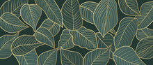 Abstract Tropical And Foliage On Dark Green Background. Luxury Gold Wallpaper Of Green Tropic Leaves And Tree In Hand Drawn Pattern. Line Art Of Summer Jungle For Banner, Prints, Decoration.