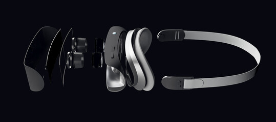 Aufkleber - Demounted VR glasses on wide black backkground. Repairs, maintenance and technology concept. 3D Rendering.
