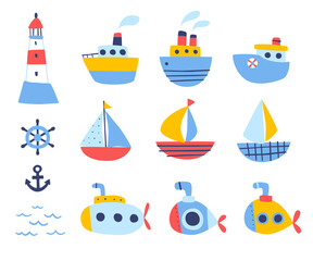 Wall Mural - cartoon sea ships baby set. doodle watercraft childish vector collection. nautical transport colorfu