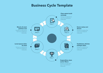 Aufkleber - Simple concept for business cycle diagram with six steps and place for your description - blue version. Flat infographic design template for website or presentation.