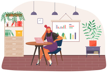 Poster - Young woman using laptop. Girl is freelancing, working on computer at workplace. Female freelancer sitting at table, using technology and working. Remote work in office, freelancing, online training