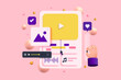 Music Video Edits, Cuts Footage and marketing on computer monitor, motion, vlog, movie. Cartoon Minimal style on pink background. 3D vector illustration