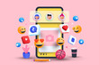 3D Social media platform, online social communication applications concept, emoji, hearts, chat and chart with smartphone background. 3d Vector illustration