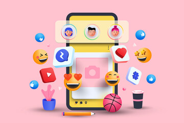 Poster - 3D Social media platform, online social communication applications concept, emoji, hearts, chat and chart with smartphone background. 3d Vector illustration