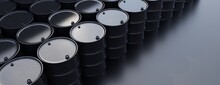 Oil And Gas Production, Black Color Petrol Barrel On Black Background. 3d Render
