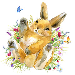 cartoon rabbit. forest animal illustration. cute watercolor hare