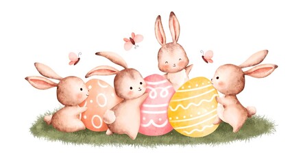 Watercolor Illustration Easter Rabbit and Easter Egg 