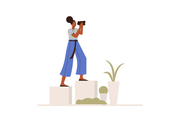 Poster - Searching for opportunities concept in flat design. Young girl with binoculars looks into distance, finding new career goals and business. Vector illustration with isolated people scene for web banner