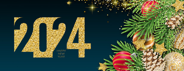 2024 Happy New Year in golden design, Holiday greeting card design