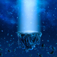 Wall Mural - galactic platform - 3d illustration of empty artificial asteroid lit by beam of light floating in ou