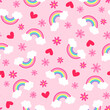 © NTRdesign - Cute hand drawn flower, rainbow and heart seamless pattern on pink background.
