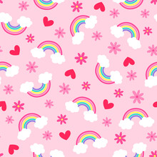 Cute Hand Drawn Flower, Rainbow And Heart Seamless Pattern On Pink Background.