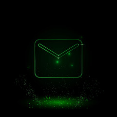 Poster - A large green outline email symbol on the center. Green Neon style. Neon color with shiny stars. Vector illustration on black background