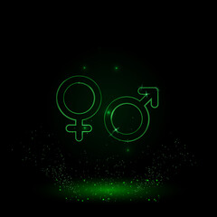 Poster - A large green outline gender symbol on the center. Green Neon style. Neon color with shiny stars. Vector illustration on black background
