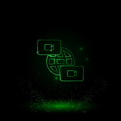 Poster - A large green outline videoconference symbol on the center. Green Neon style. Neon color with shiny stars. Vector illustration on black background