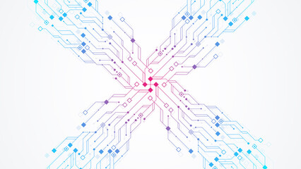 Leinwandbilder - Modern technology circuit board texture background design illustration. Quantum computer technologies concepts, large data processing. Futuristic blue circuit board background