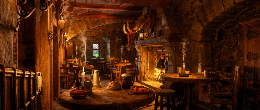 3D illustration wide panorama of a fantasy medieval tavern with food and drink on tables around an open fireplace.