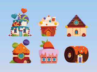 Canvas Print - Candy houses. Sweets fantasy cakes with delicious liquid cream bakery products cookies from fairytale garish vector colored pictures in flat style