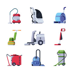 Canvas Print - Professional cleaners. Industrial cleaning service equipment detergents for floor staff mops garish vector colored illustrations