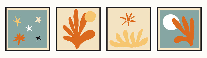 Hand drawn contemporary art posters set. Matisse inspired collection of floral and sky elements. Modern minimalist vector illustrations