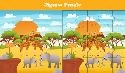 Wall Mural - Cartoon vector illustration of educational jigsaw puzzle game for preschool children with funny giraffe and elephants